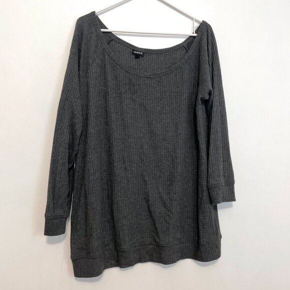 TORRID 2 Plus Size Off Shoulder Waffle Sweatshirt Charcoal Grey One Shoulder 2X - Picture 2 of 16
